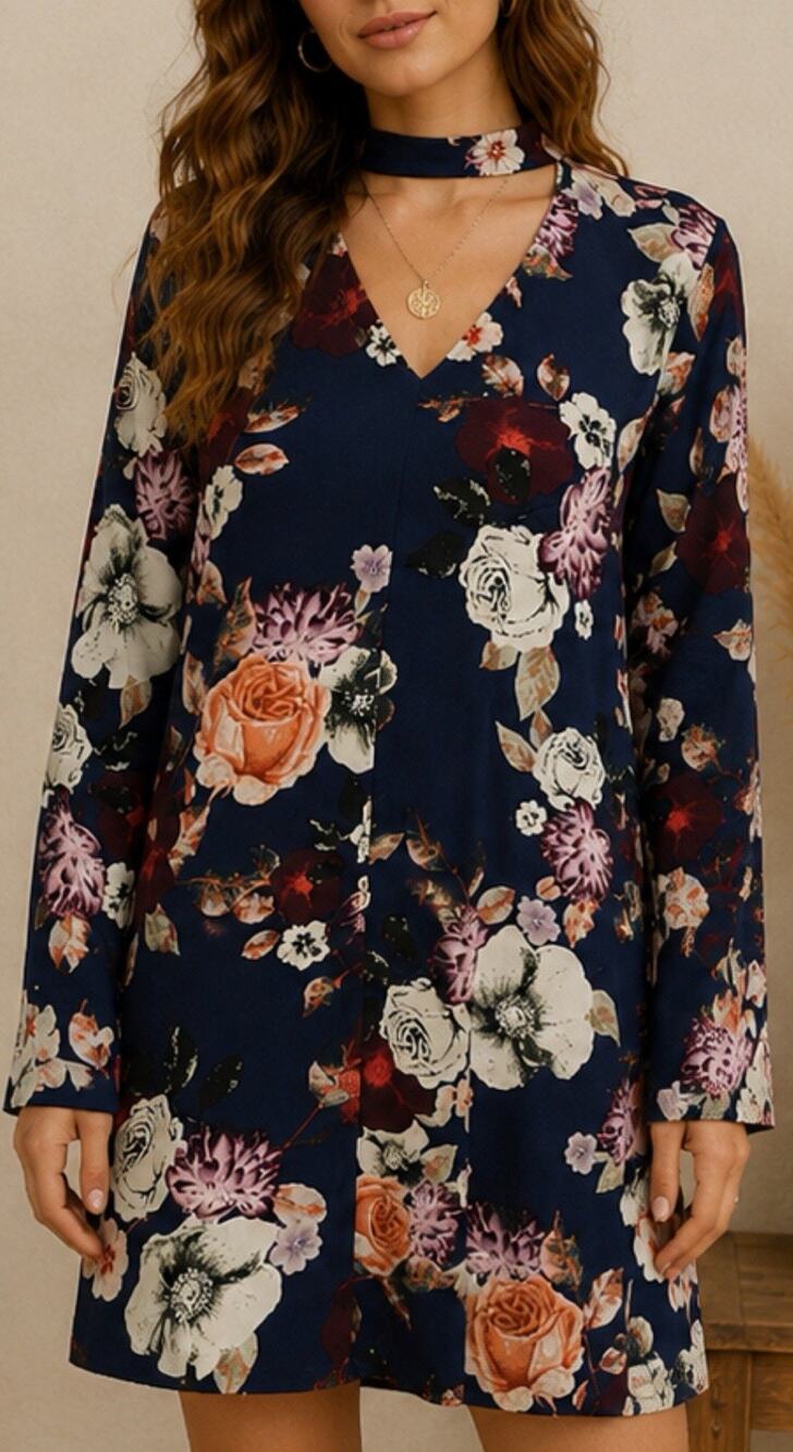 Lord + Taylor Floral Shift Mini Dress Women XS Blue Choker Neck Long Sleeve Boho